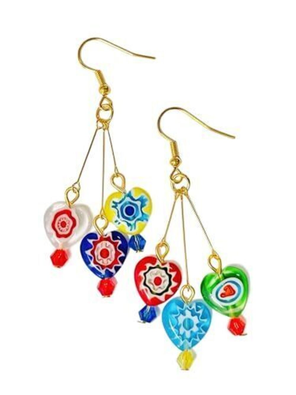 1276 Murano Style Glass Earrings, Colorful Heart Shape Millefiori Beads